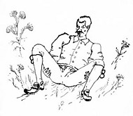 svartvit teckning, man som ligger i gräs