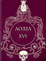 Omslag Aorta nr 16 med uppochnedvänt huvud, dödskalle, hår- och växtslingor