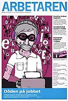 Omslag senaste numret av Arbetaren - tecknad man vid skrivmaskin och texten: Döden på jobbet