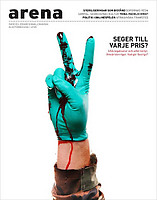 Omslag Arena nr 4/08: hand som gör v-tecken med turkos blodig gummihandske