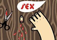 Bild från babian.se: blodig sax, hand och ett avklippt finger.