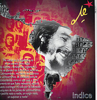 Affisch i gult och rött med text på spanska och Che Guevaras ansikte i en Sydamerikakarrta