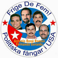 Rund bild med porträtt på De Fem och texten: Frige De Fem! Politiska fångar i USA!