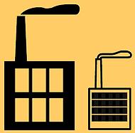 stiliserad fabrik  två byggnader med skorstenar och rök