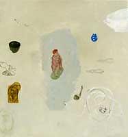 målning av Ingela  Johansson: spridda föremål (en pipa, en kontakt ...) i gråvit omgivning