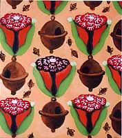 mönster med blommor och (troligen) bikupor och bin