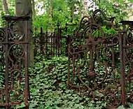 rostig grind som står öppen in till den övervuxna kyrkogården