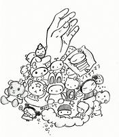 teckning: hand som sticker upp bland en massa små djur och dockor