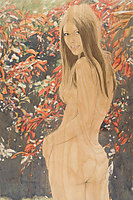 Målning av Suzannah Sinclair: Naken kvinna med ryggen vänd mot betraktaren och blad och blommor bakgrunden