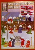 "Arab scholars" i vita turbaner och färggranna kläder med olika mätinstrument