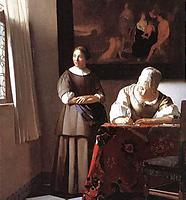 Vermeermålning (beskuren): kvinna som skriver brev med sin tjänarinna i bakgrunden