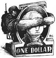 En soldat håller för ögonen på George Washington på en dollarsedel