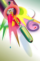 Reklambild Stockholms Poesifestival: kula med mun som kommer ut ur en Q-mun i en färgexplosion