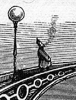 liten gubbe som står och röker på en bro, detalj ur större bild under texten