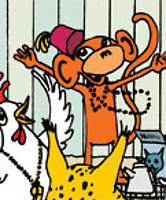 Apa, höna, lodjur och kaffekanna