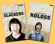 omslag till Tromb-böckerna, båda med skrikande glad tjej på